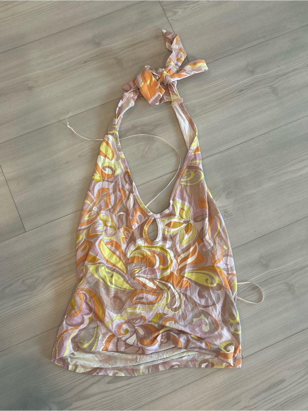 Le Lis Halter Tank Top in Yellow, Orange & Pink Swirl
